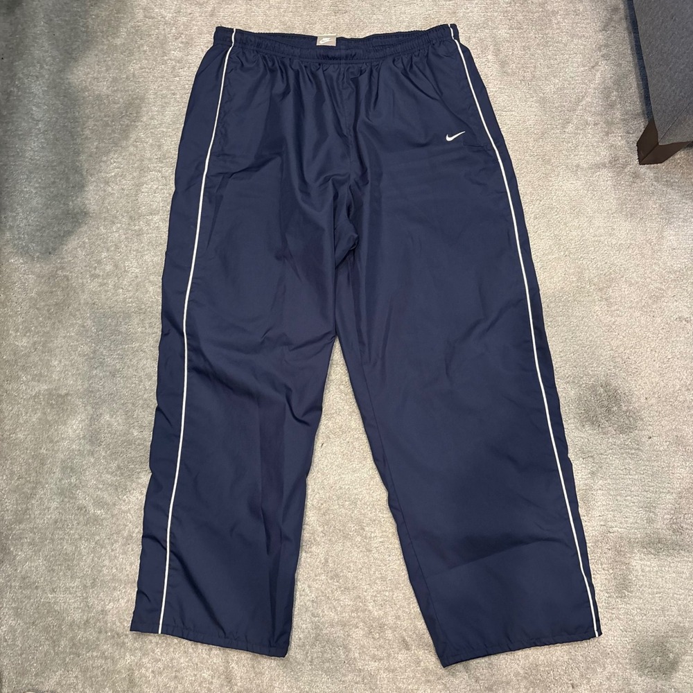 Vintage Nike XL Baggy Track Pants Windbreaker Navy Blue Mesh Lined White Piping